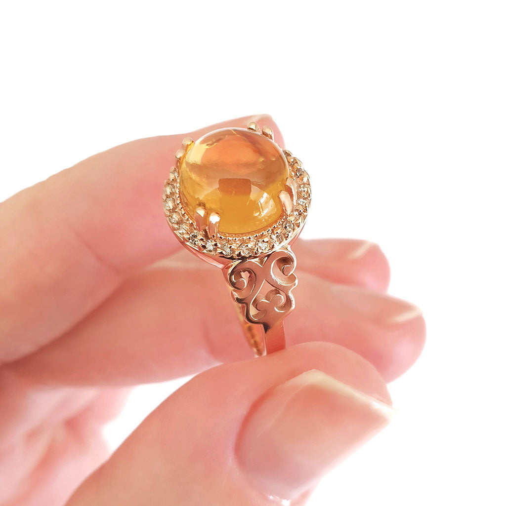 Round Cut Cabochon Citrine and Diamond Rose Gold Ring 6