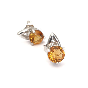 Round Cut Citrine Open V White Gold Studs