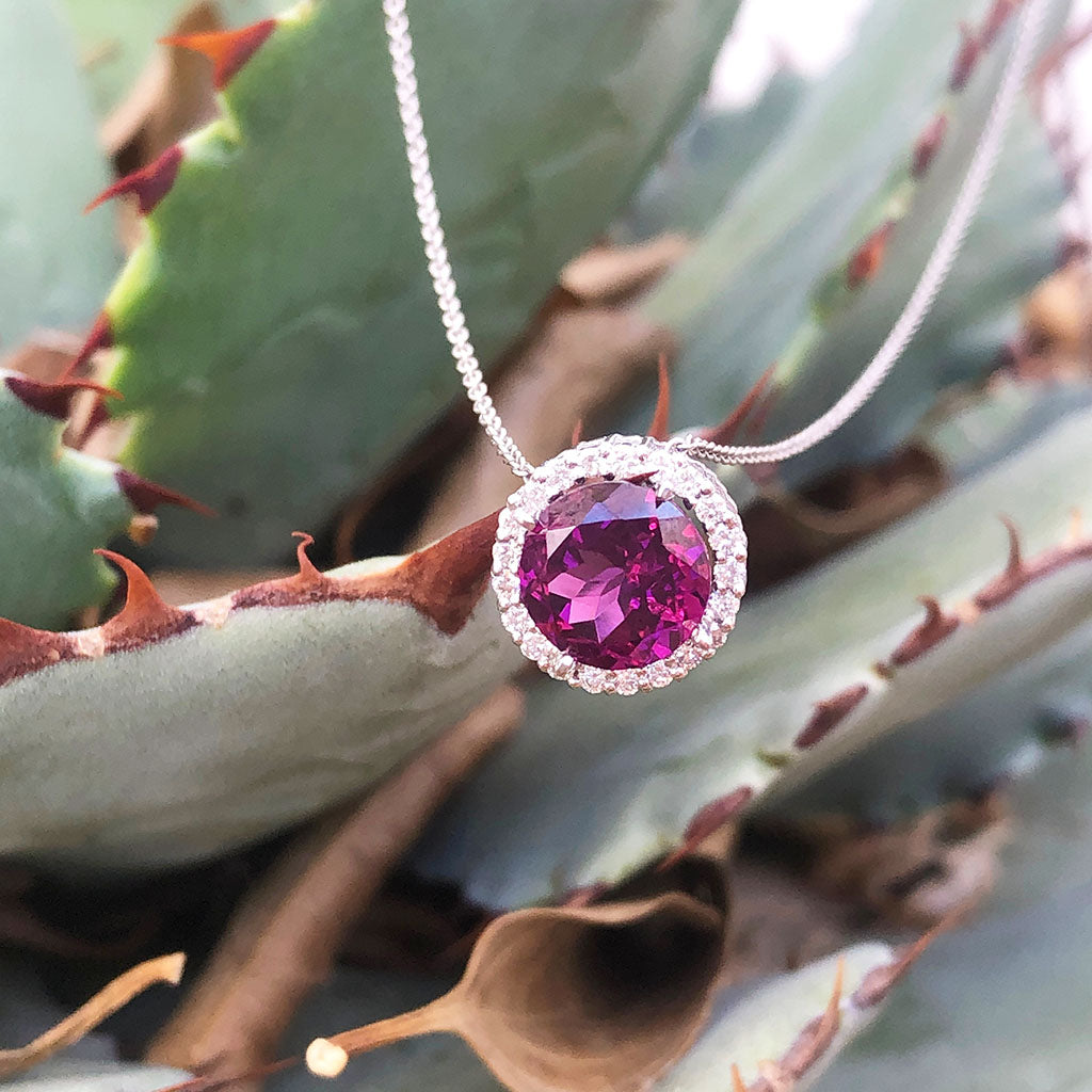 Round Cut Grape Garnet Diamond Halo Pendant