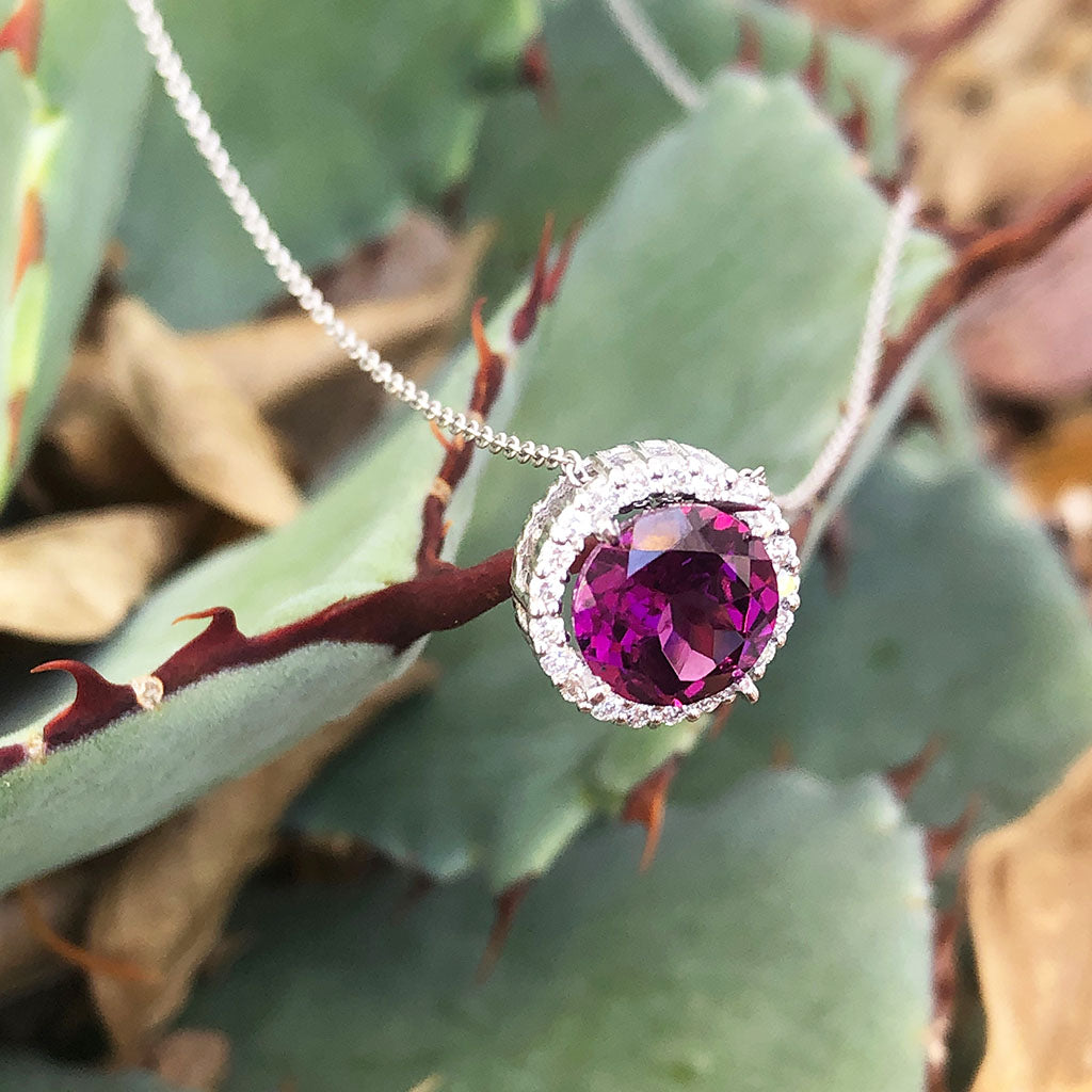 Round Cut Grape Garnet Diamond Halo Pendant