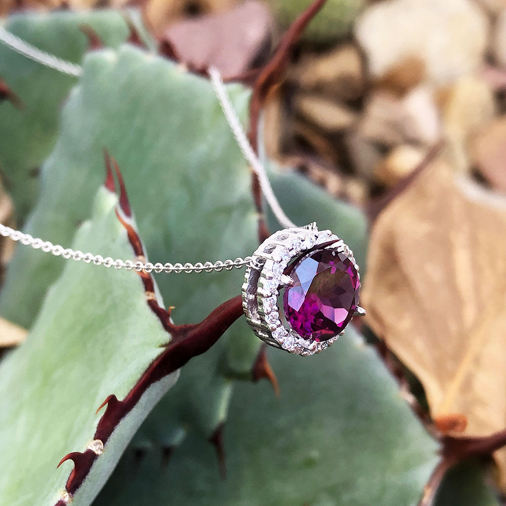 Round Cut Grape Garnet Diamond Halo Pendant