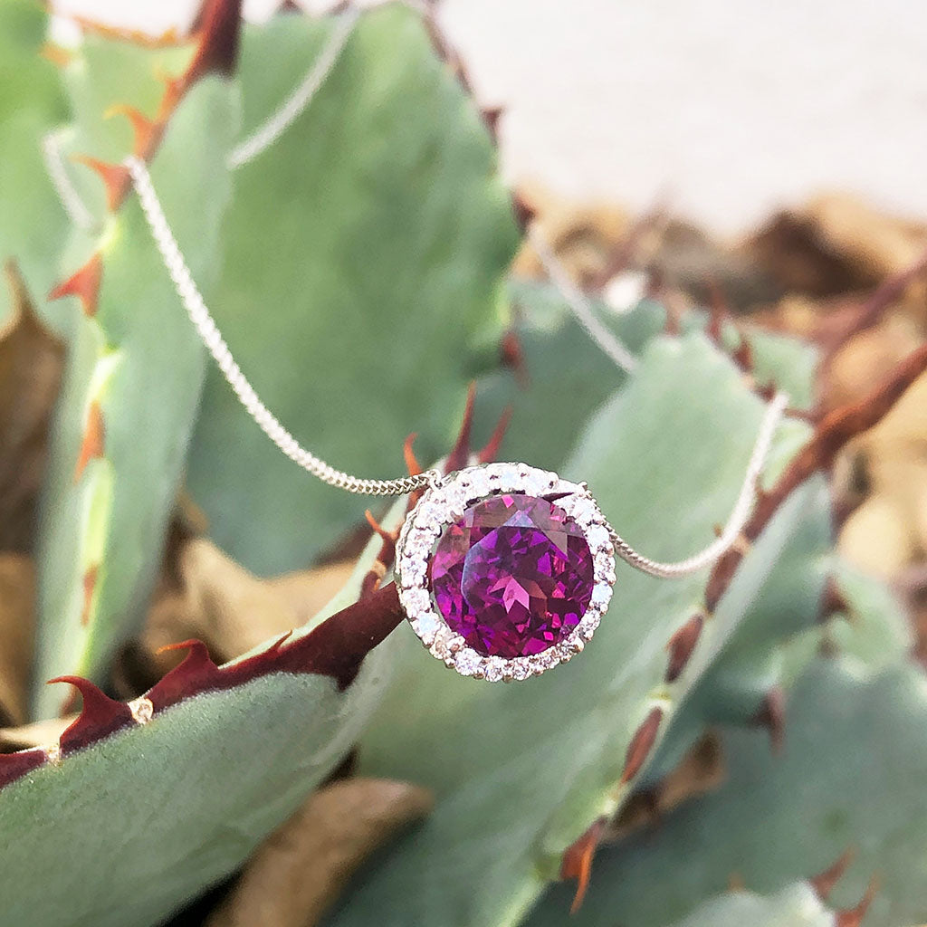 Round Cut Grape Garnet Diamond Halo Pendant