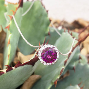 Round Cut Grape Garnet Diamond Halo Pendant