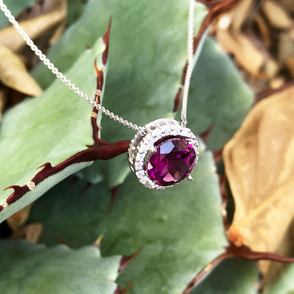 Round Cut Grape Garnet Diamond Halo Pendant