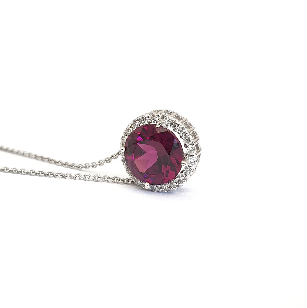  Round Cut Grape Garnet Diamond Halo Pendant