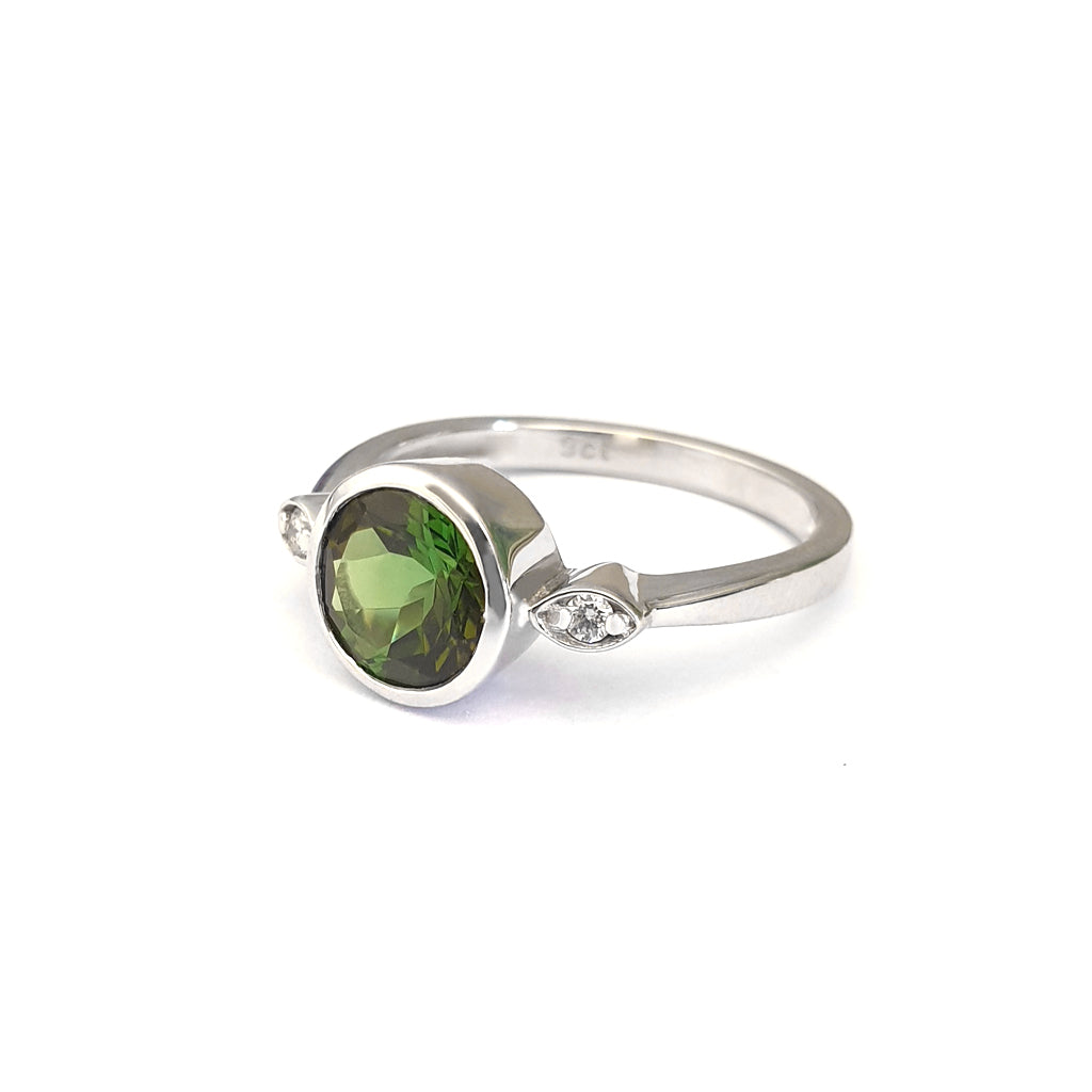 Round Cut Green Tourmaline with Petite Diamond Accent Ring