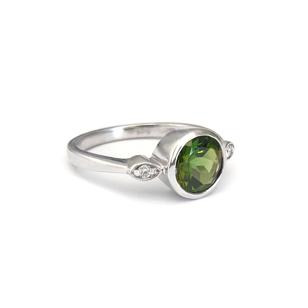 Round Cut Green Tourmaline with Petite Diamond Accent Ring