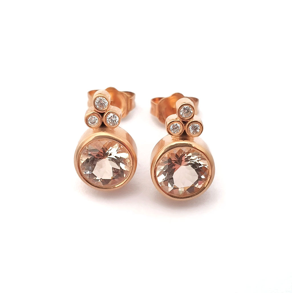 Round Cut Morganite Earrings with Trilogy Accent