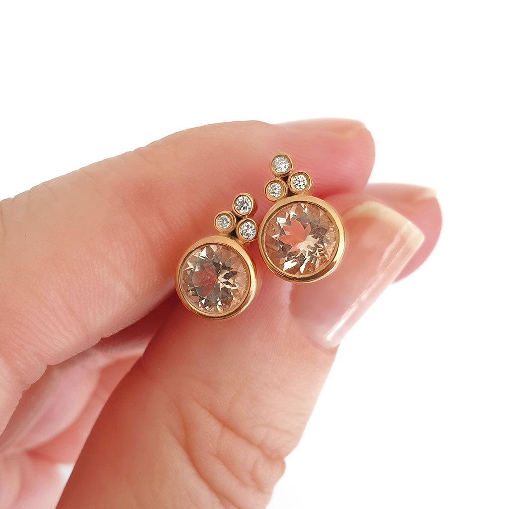 Round Cut Morganite Earrings with Trilogy Accent