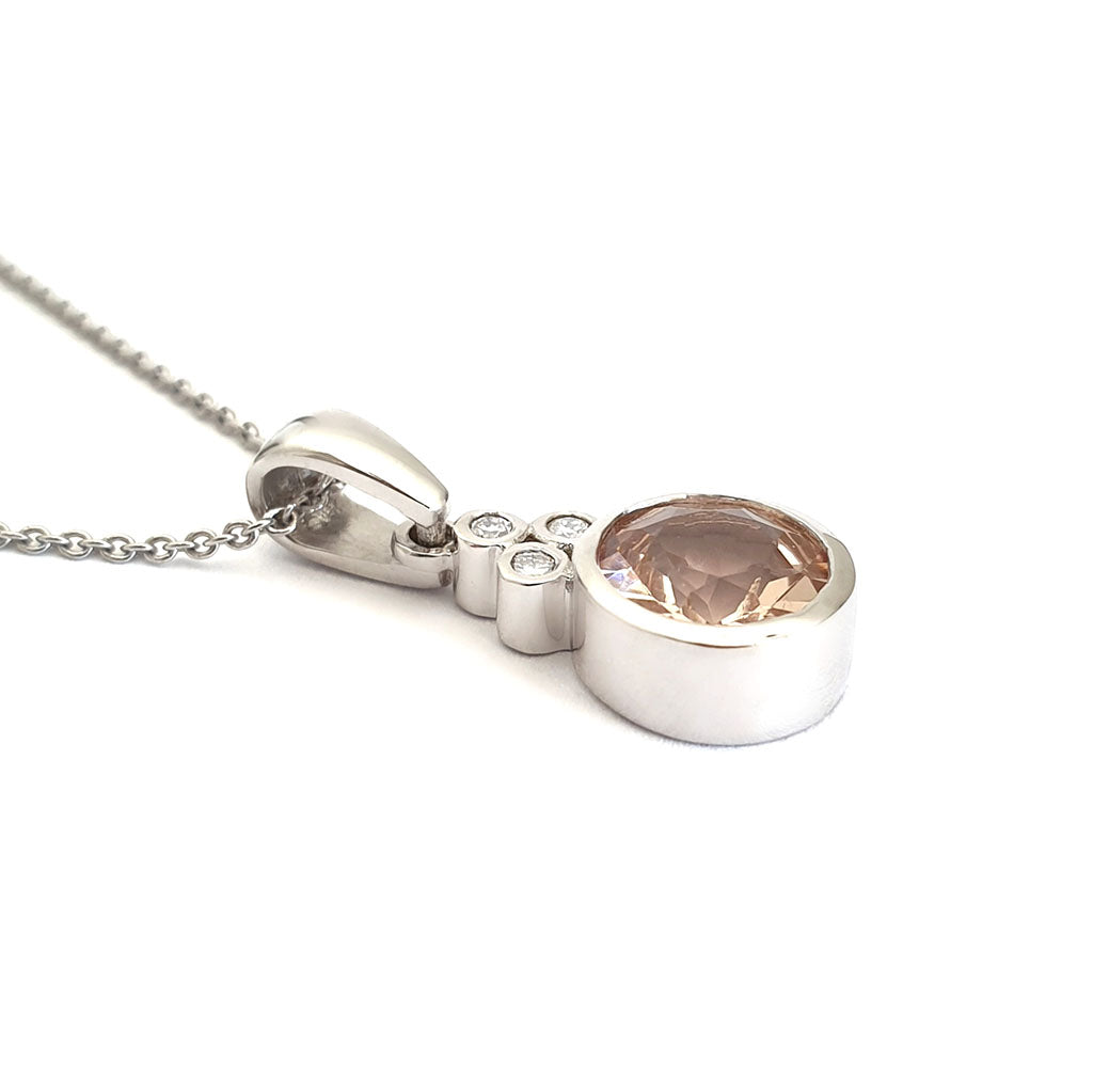 Round Cut Morganite with Diamond Trilogy Bale Accent Pendant