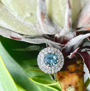 Round Double Halo Diamond and Aquamarine Ring