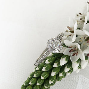 Round White Diamond Cluster and Diamond Band Engagement Ring and Diamond Band Wedding Set