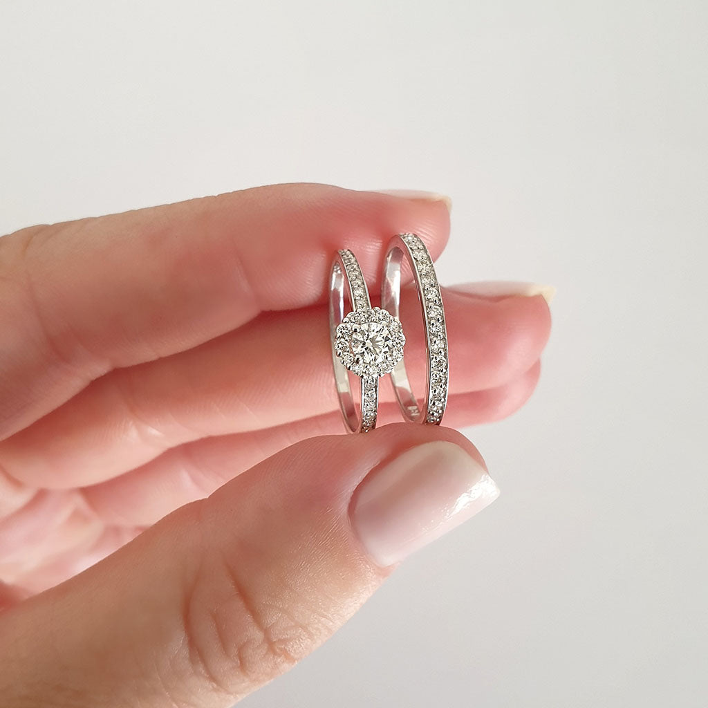 White Diamond Cluster and Diamond Band Engagement Ring Wedding Set