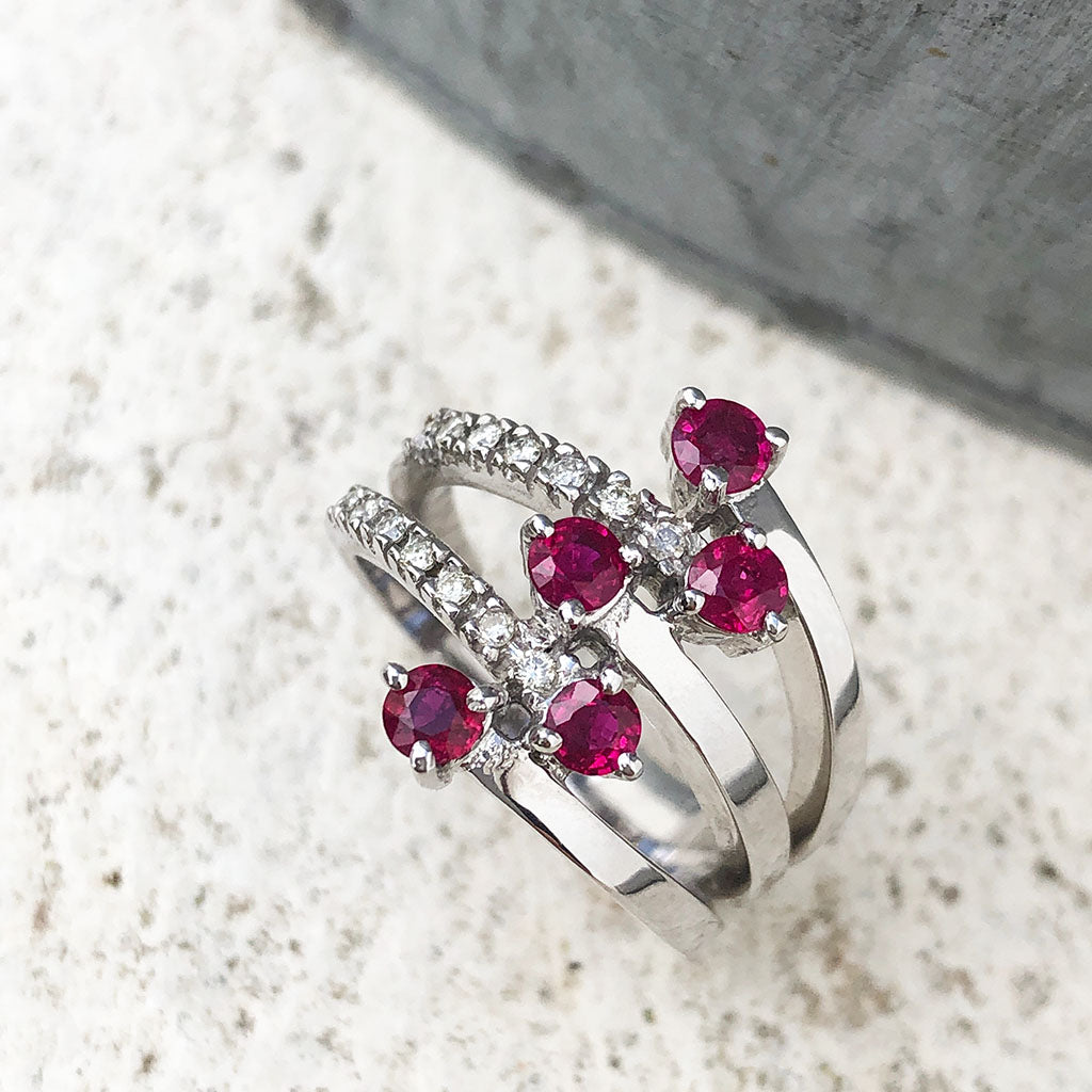 Ruby, Diamond and White Gold Multiband Ring