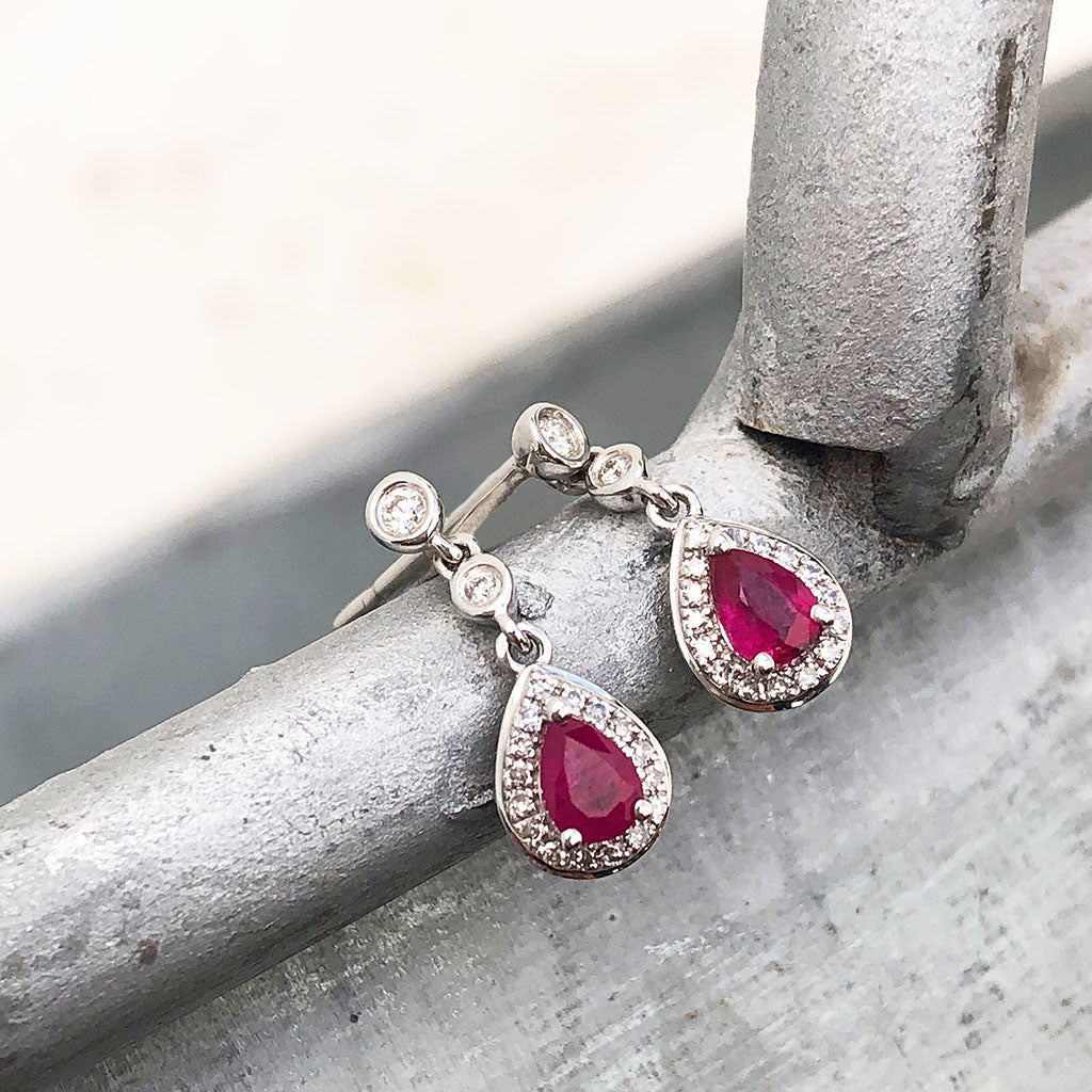 Ruby and Diamond Halo Droplet earrings