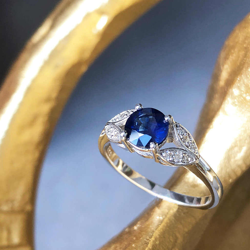 Sapphire with Open Diamond Leaf Shoulder Ring