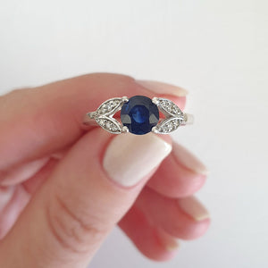 Sapphire with Open Diamond Leaf Shoulder Ring