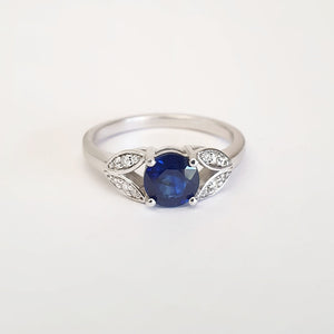Sapphire with Open Diamond Leaf Shoulder Ring