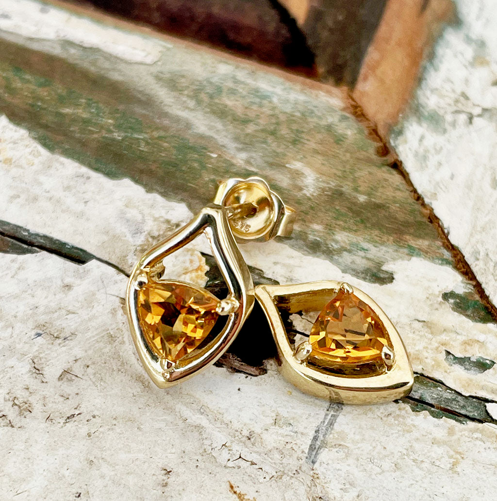 Trilliant Cut Citrine and Yellow Gold Shield Design Earrings Afrogem Jewellers