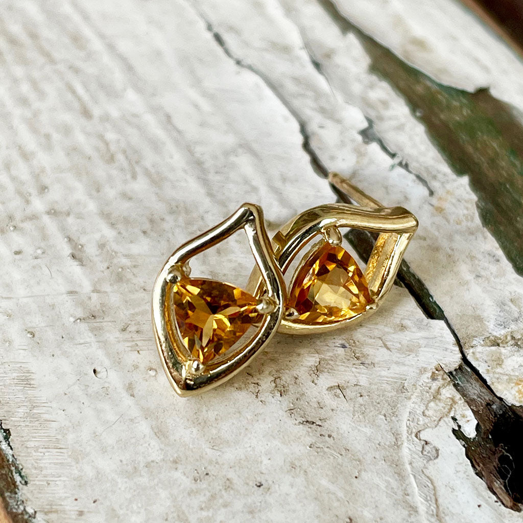 Shield Shaped Droplet Trilliant Cut Citrine Yellow Gold Earrings