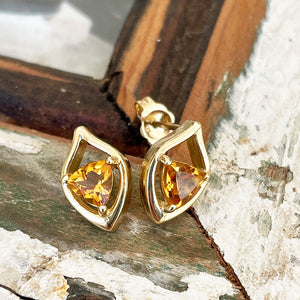 Shield Shaped Droplet Trilliant Cut Citrine Yellow Gold Earrings