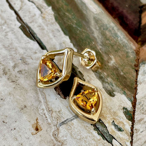Shield Shaped Droplet Trilliant Cut Citrine Yellow Gold Earrings