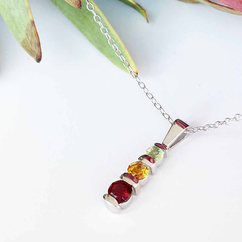 Silver 3 Bar Pendant set with Garnet, Citrine, Peridot