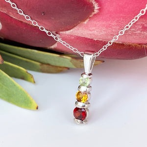 Silver 3 Bar Pendant set with Garnet, Citrine, Peridot