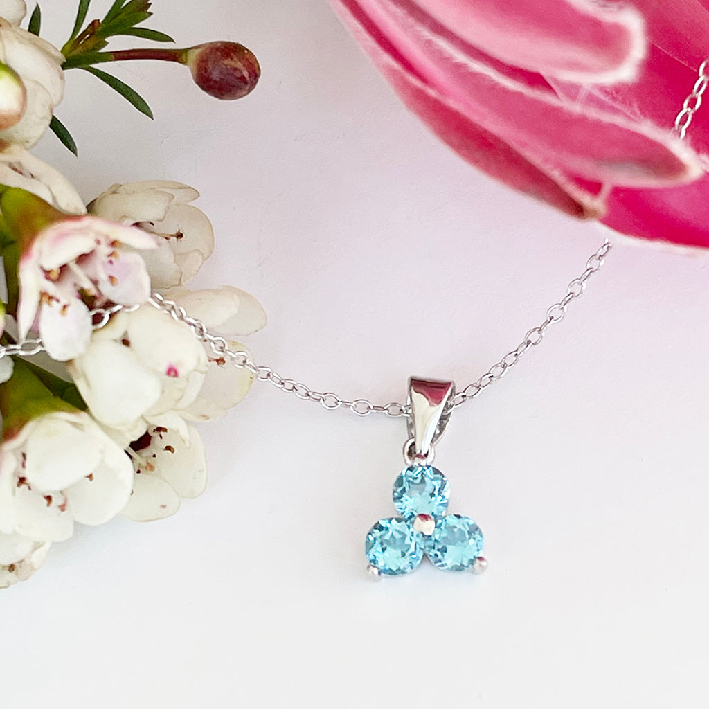 Silver 3 Gem Flower Pendant - Blue Topaz