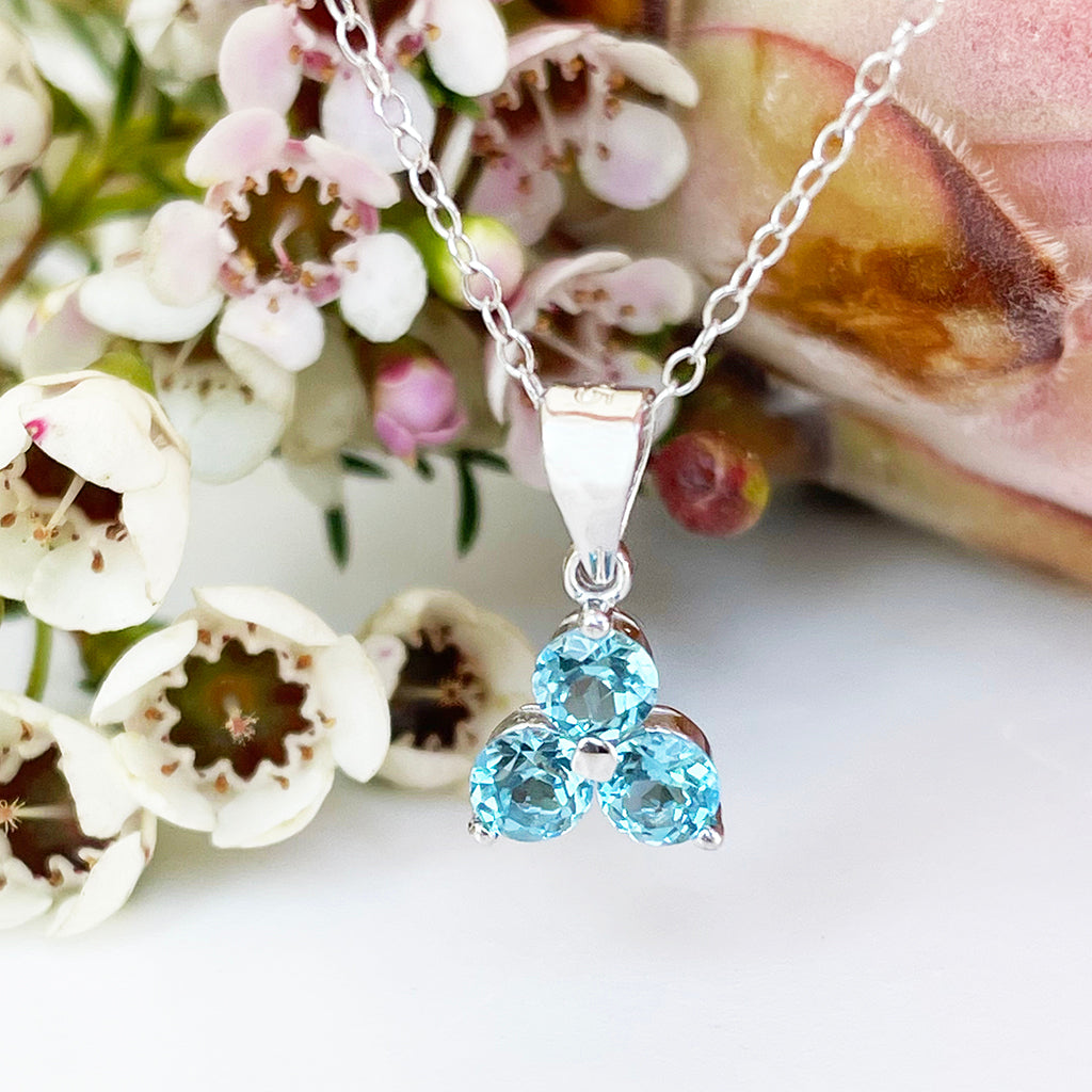 Silver 3 Gem Flower Pendant - Blue Topaz