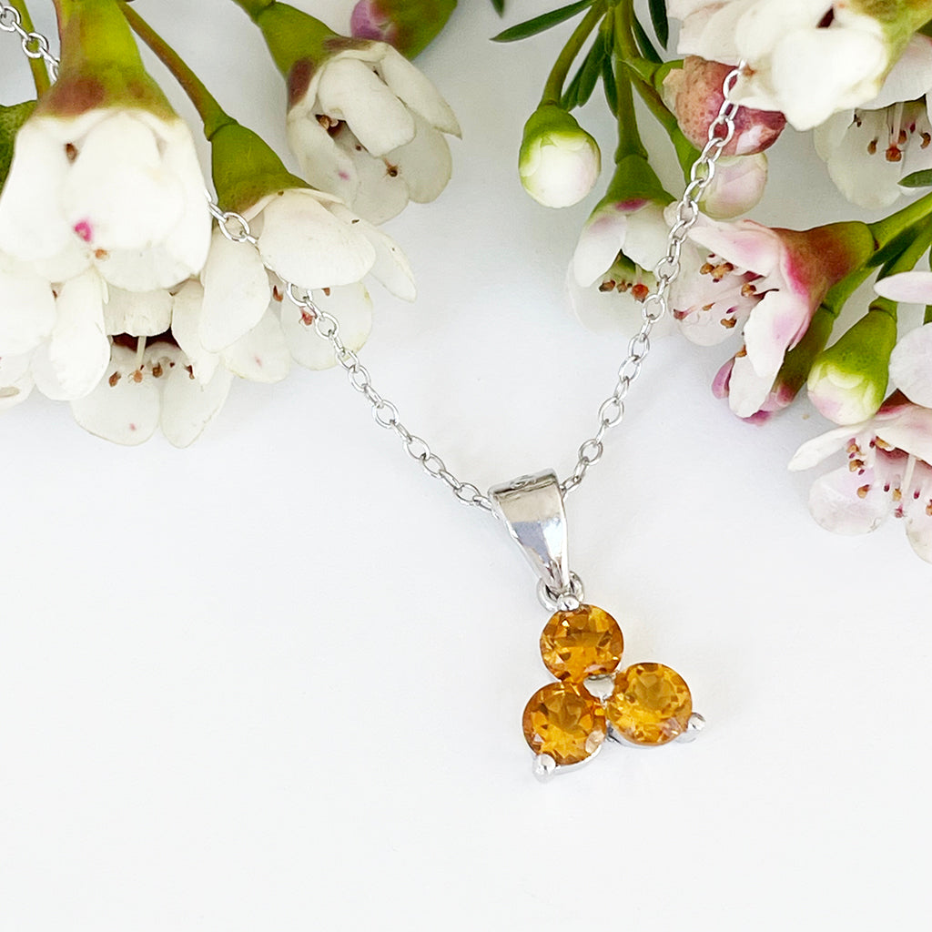 Silver 3 Gem Flower Pendant - Citrine