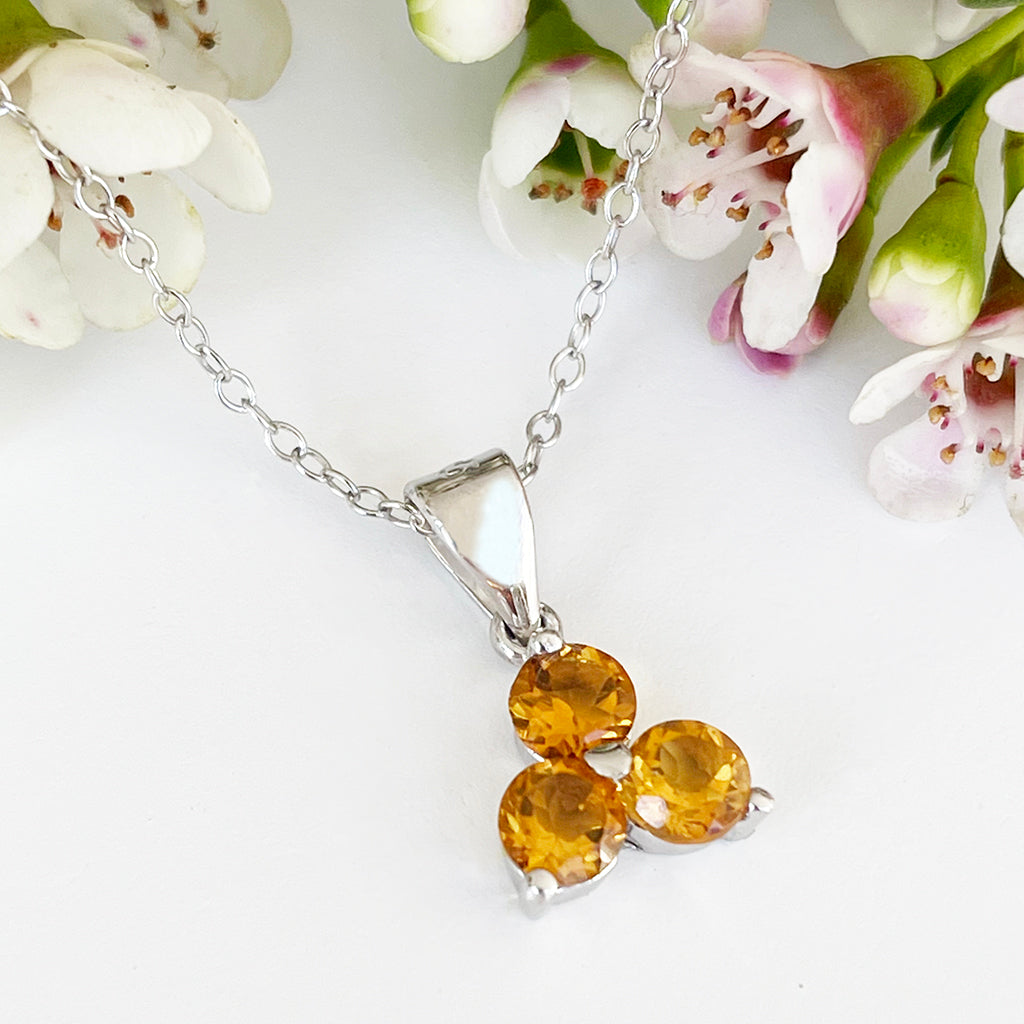 Silver 3 Gem Flower Pendant - Citrine