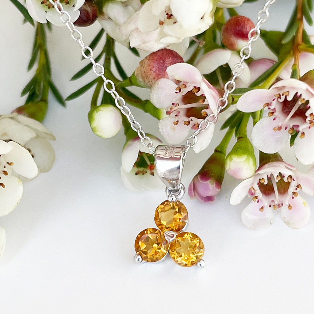 Silver 3 Gem Flower Pendant - Citrine