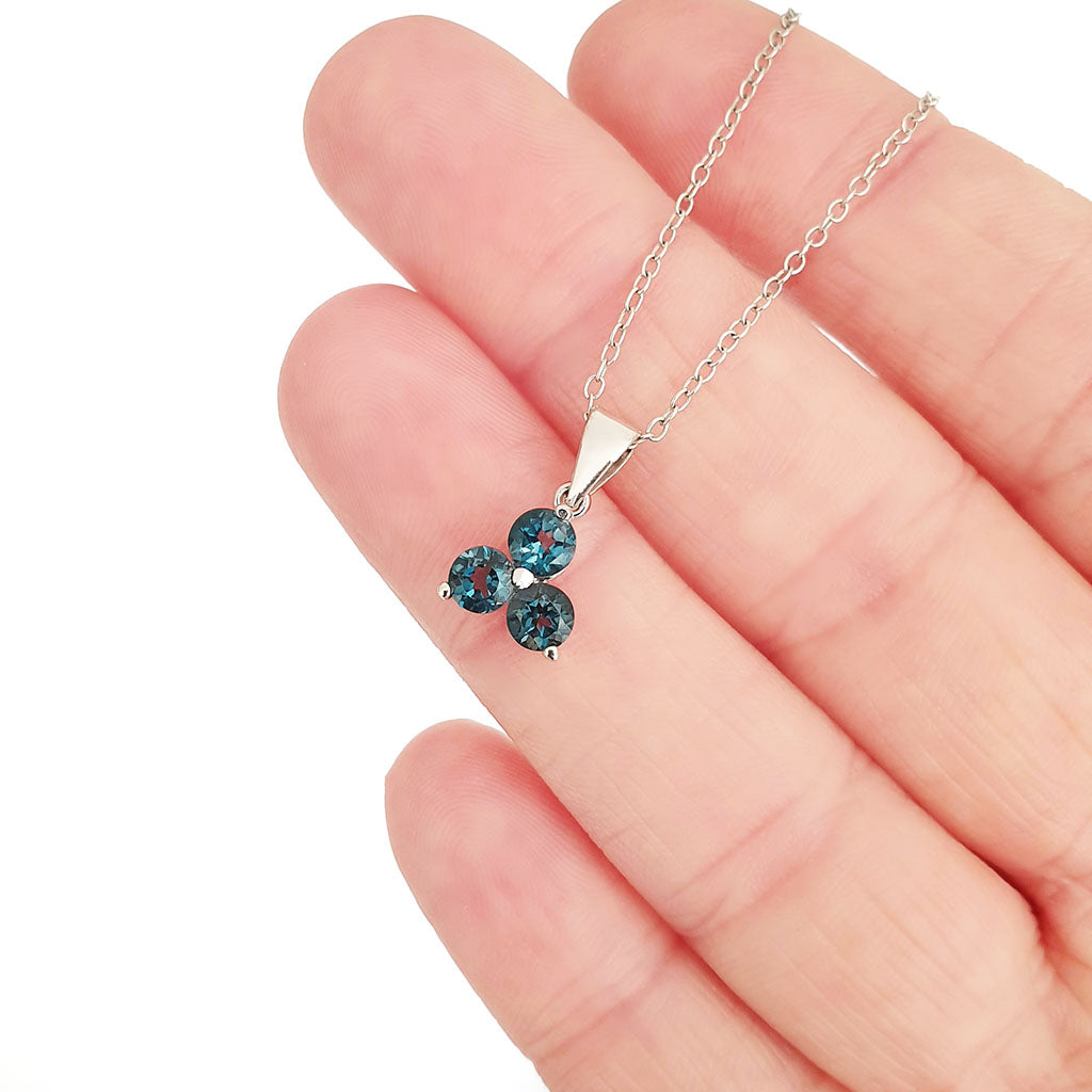 Silver 3 Gem Flower Pendant - London Blue Topaz