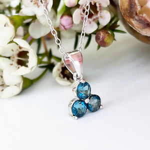 Silver 3 Gem Flower Pendant - London Blue Topaz