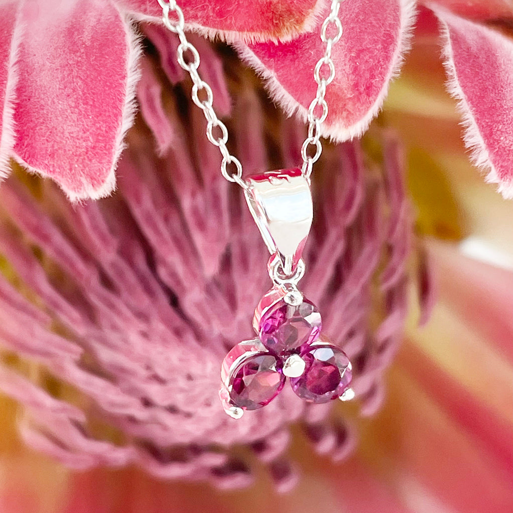 Silver 3 Gem Flower Pendant - Rhodolite