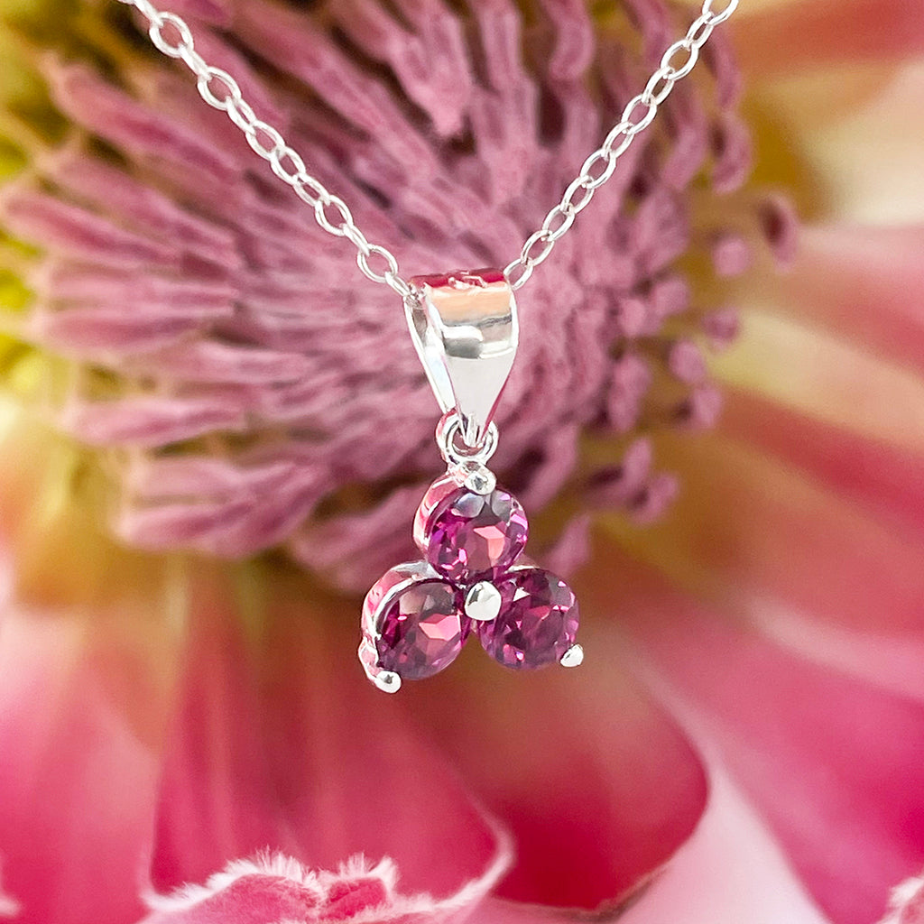 Silver 3 Gem Flower Pendant - Rhodolite