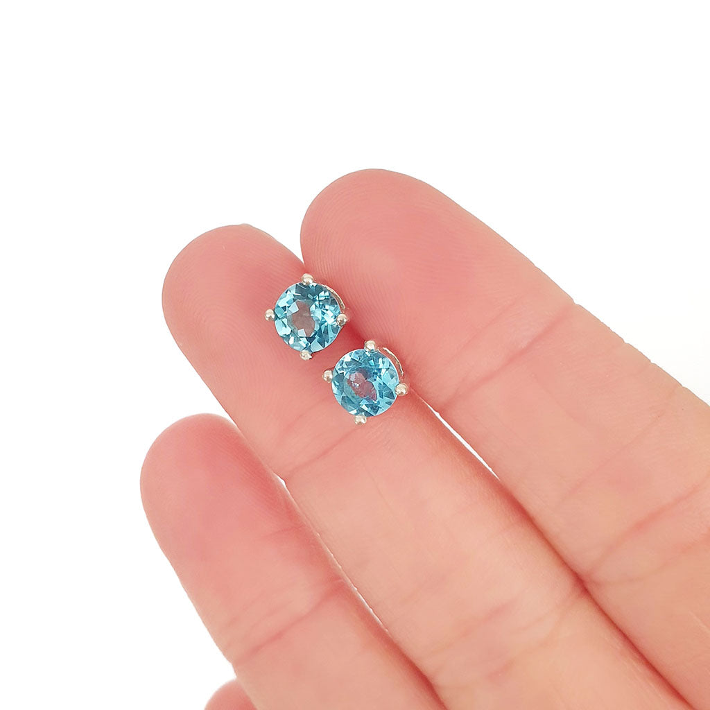 Silver 4 Claw Blue Topaz Studs 6mm x 6mm