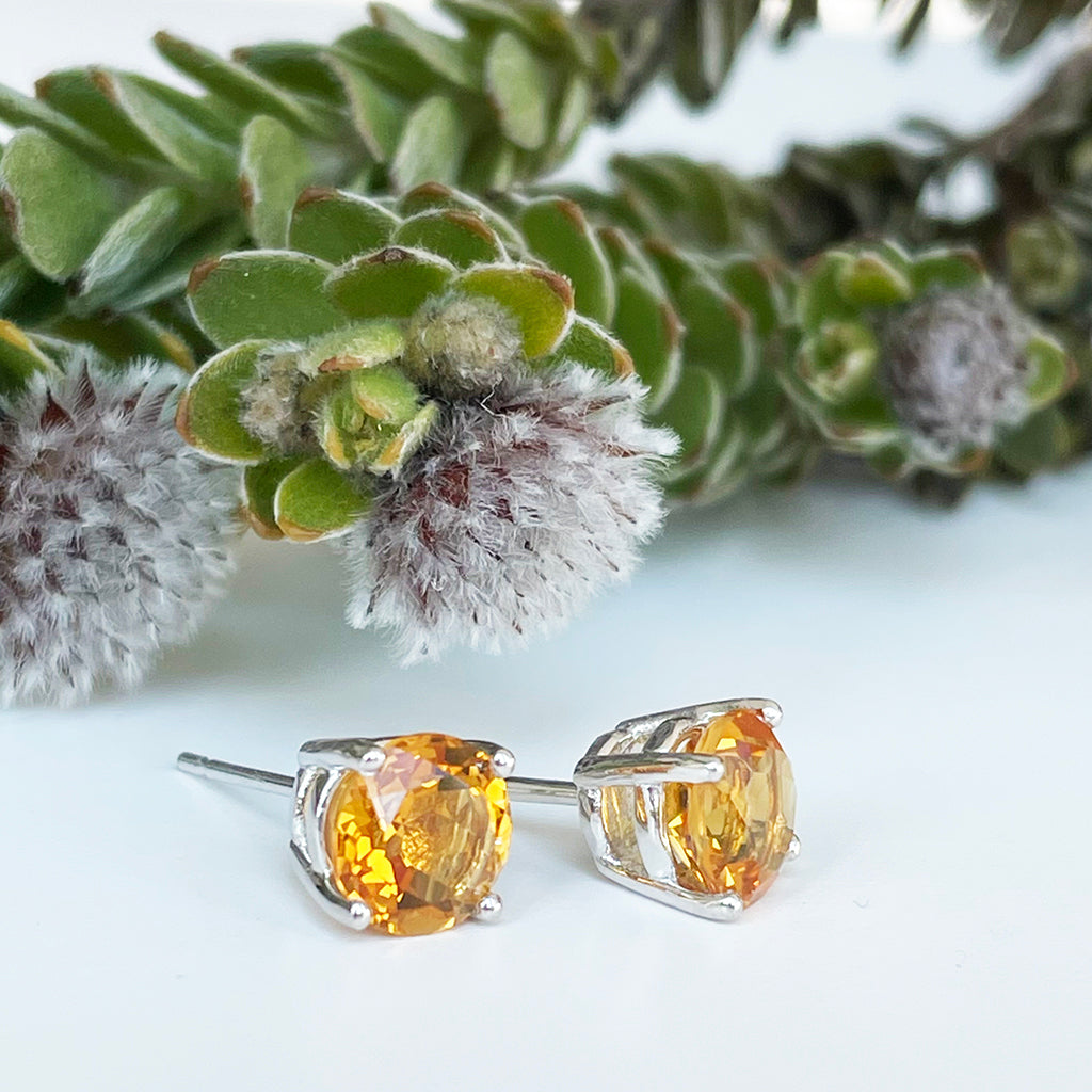 Silver 4 Claw Citrine Studs 7mm x 7mm