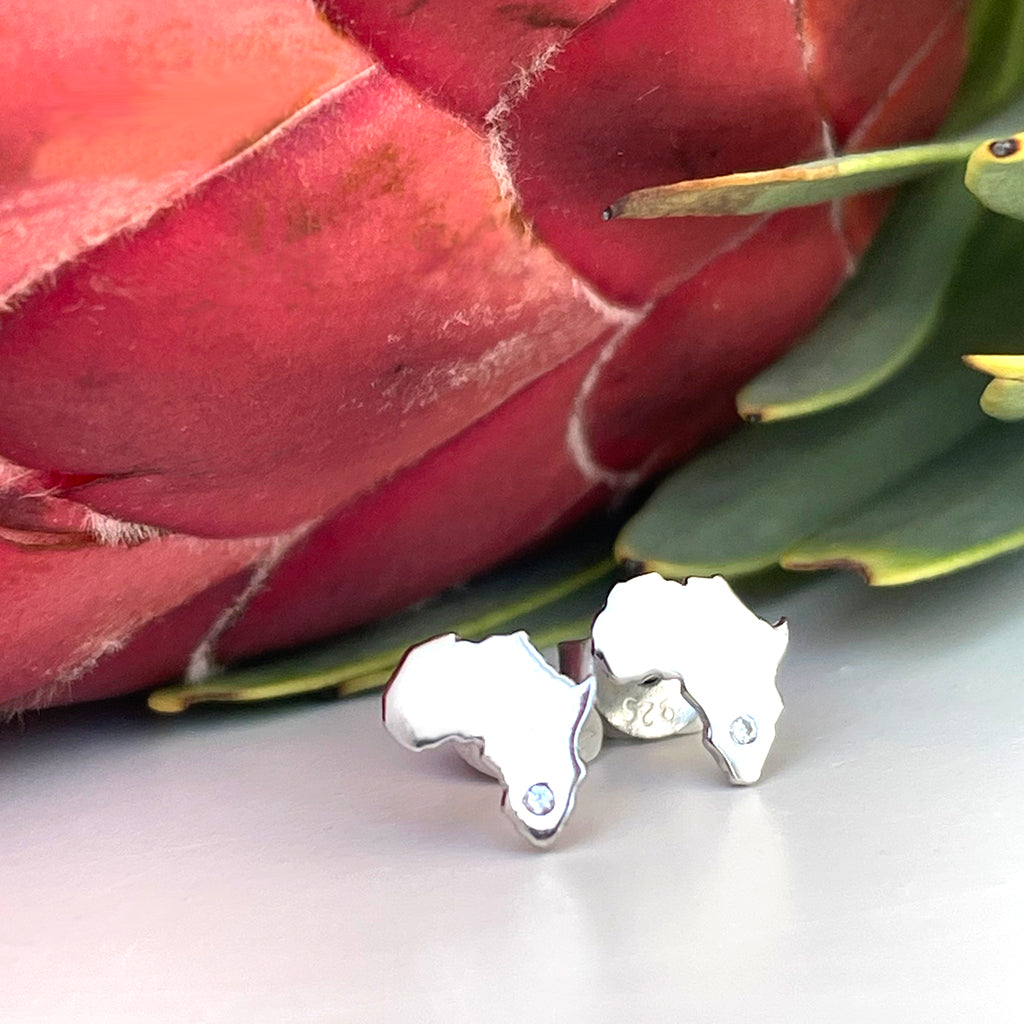 Silver Africa Map Stud Earrings