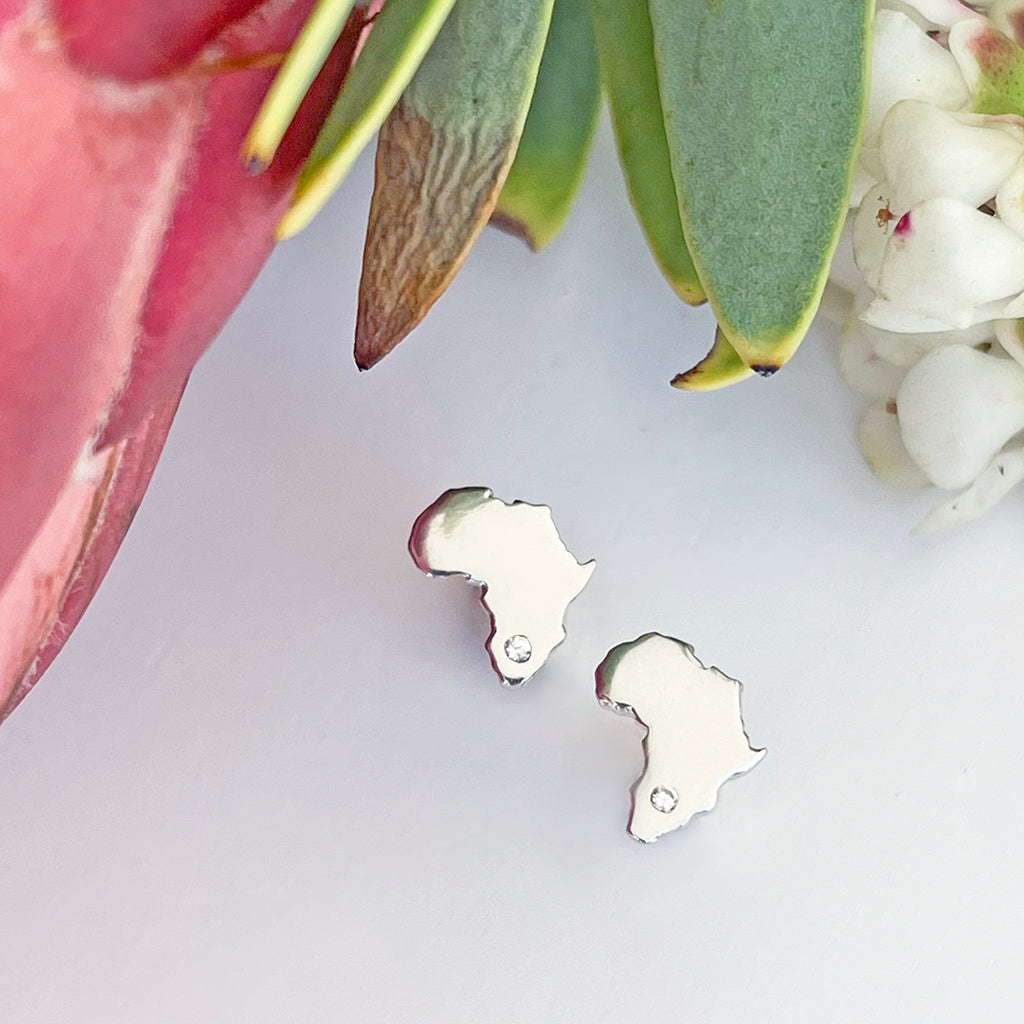 Silver Africa Map Stud Earrings