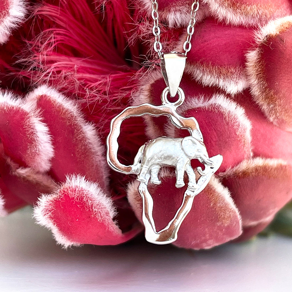 Silver African Elephant and Map Outline Pendant