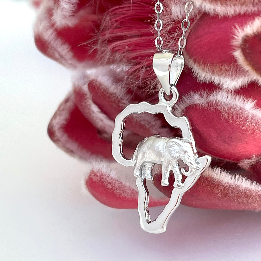 Silver African Elephant and Map Outline Pendant