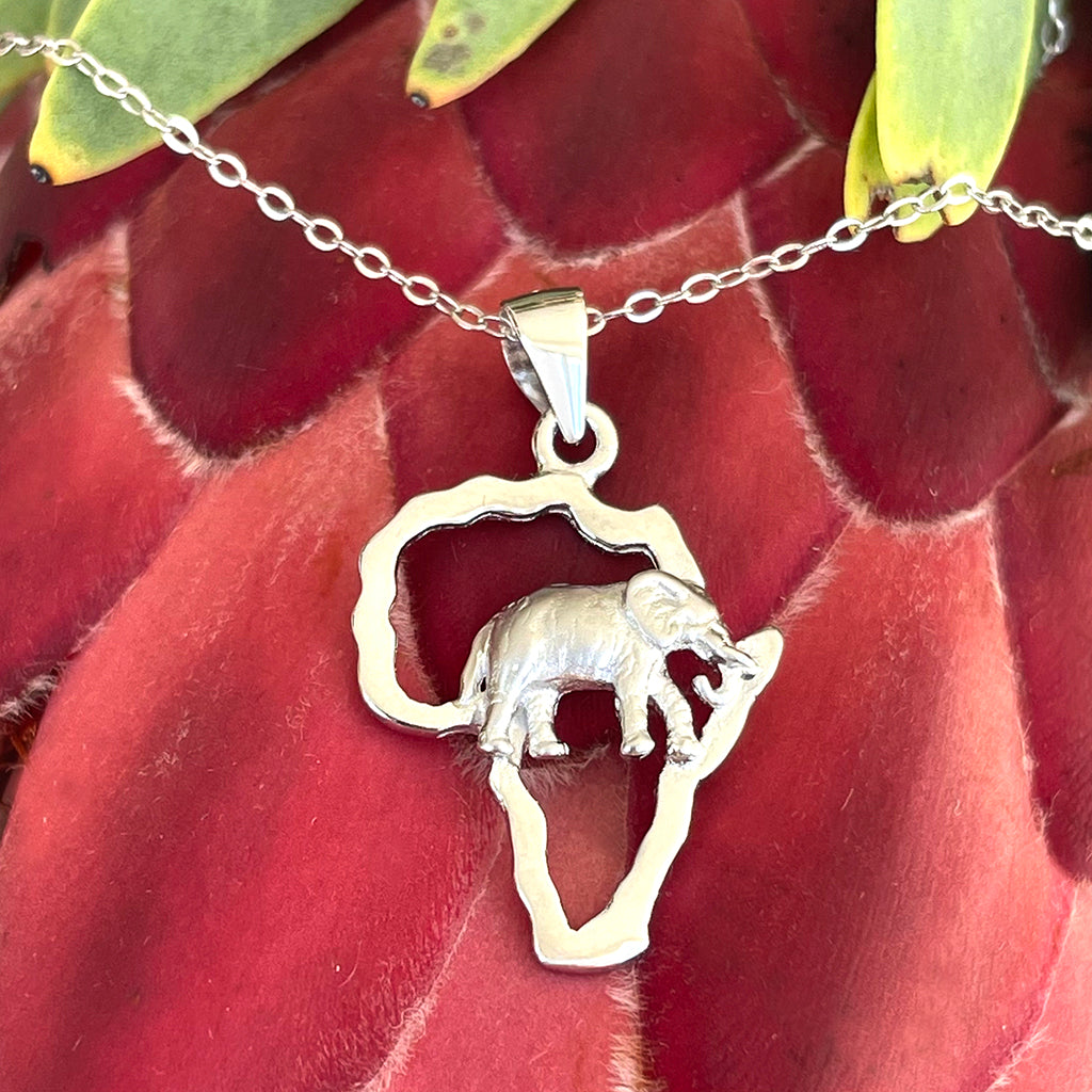 Silver African Elephant and Map Outline Pendant Afrogem Jewellers