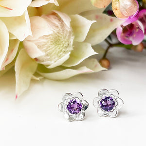 Silver Amethyst Flower Studs