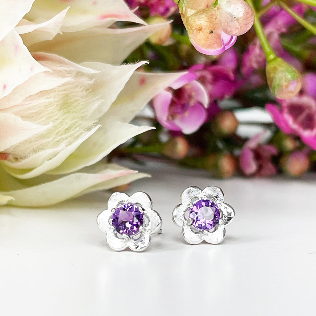 Silver Amethyst Flower Studs