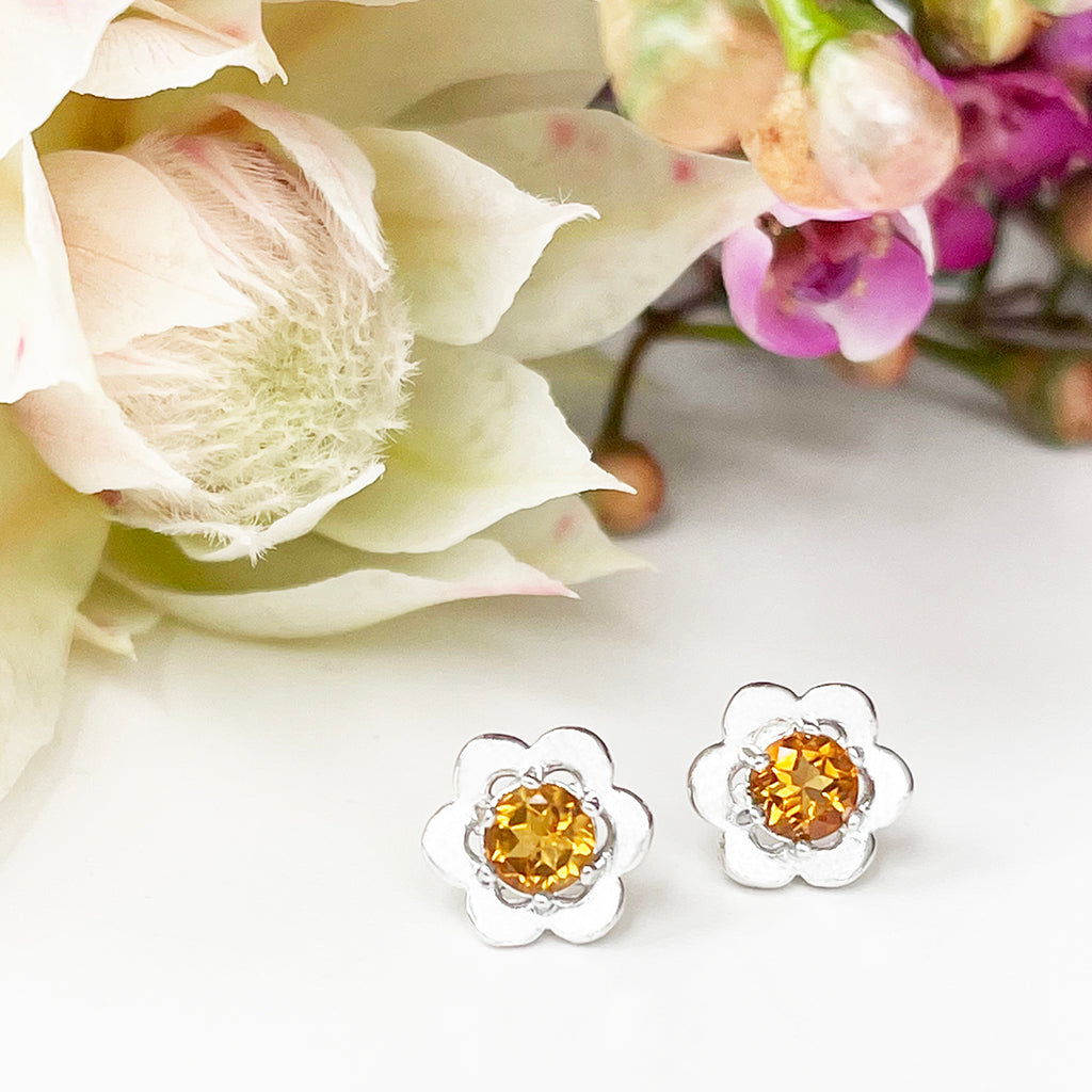 Silver Citrine Flower Studs