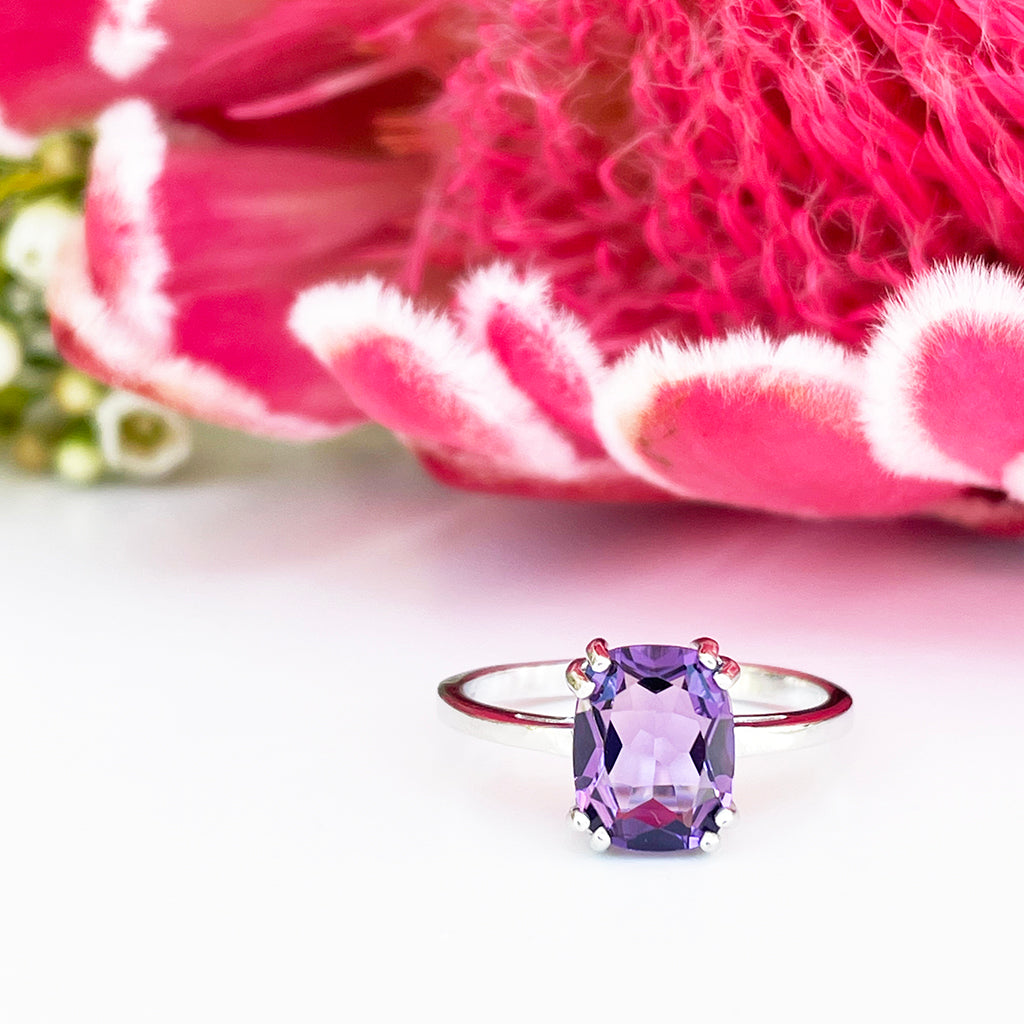 Silver Double Claw Amethyst Cushion Cut Ring