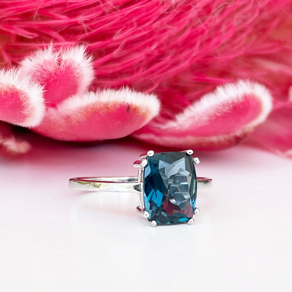 Silver Double Claw London Blue Topaz Cushion Cut Ring