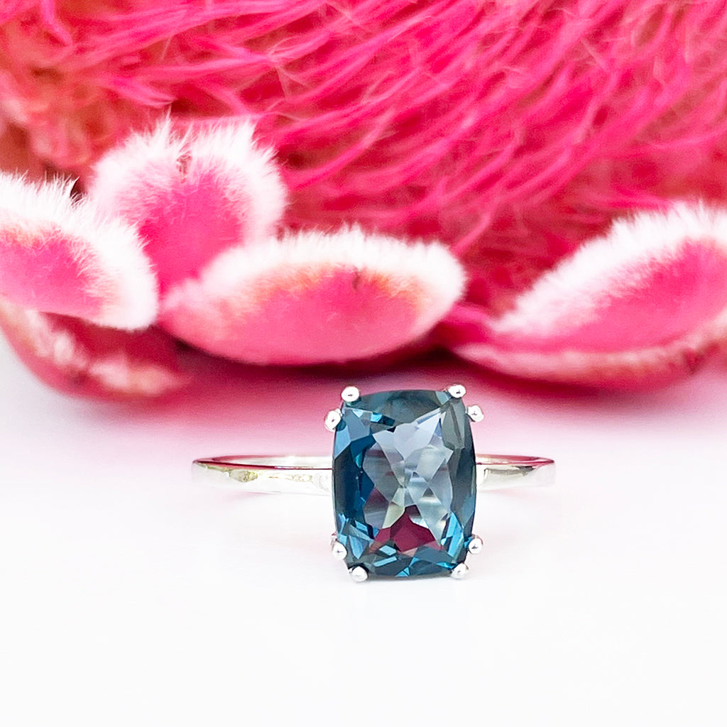 Silver Double Claw London Blue Topaz Cushion Cut Ring